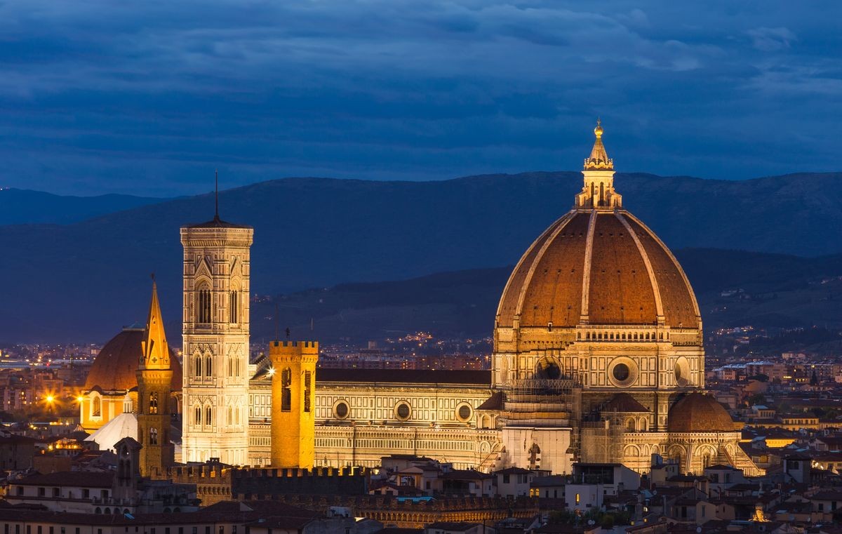 Florence Duomo. Basilica di Santa Maria del Fiore (Basilica of Saint Mary of the Flower) in sunset,  Florence, Italy